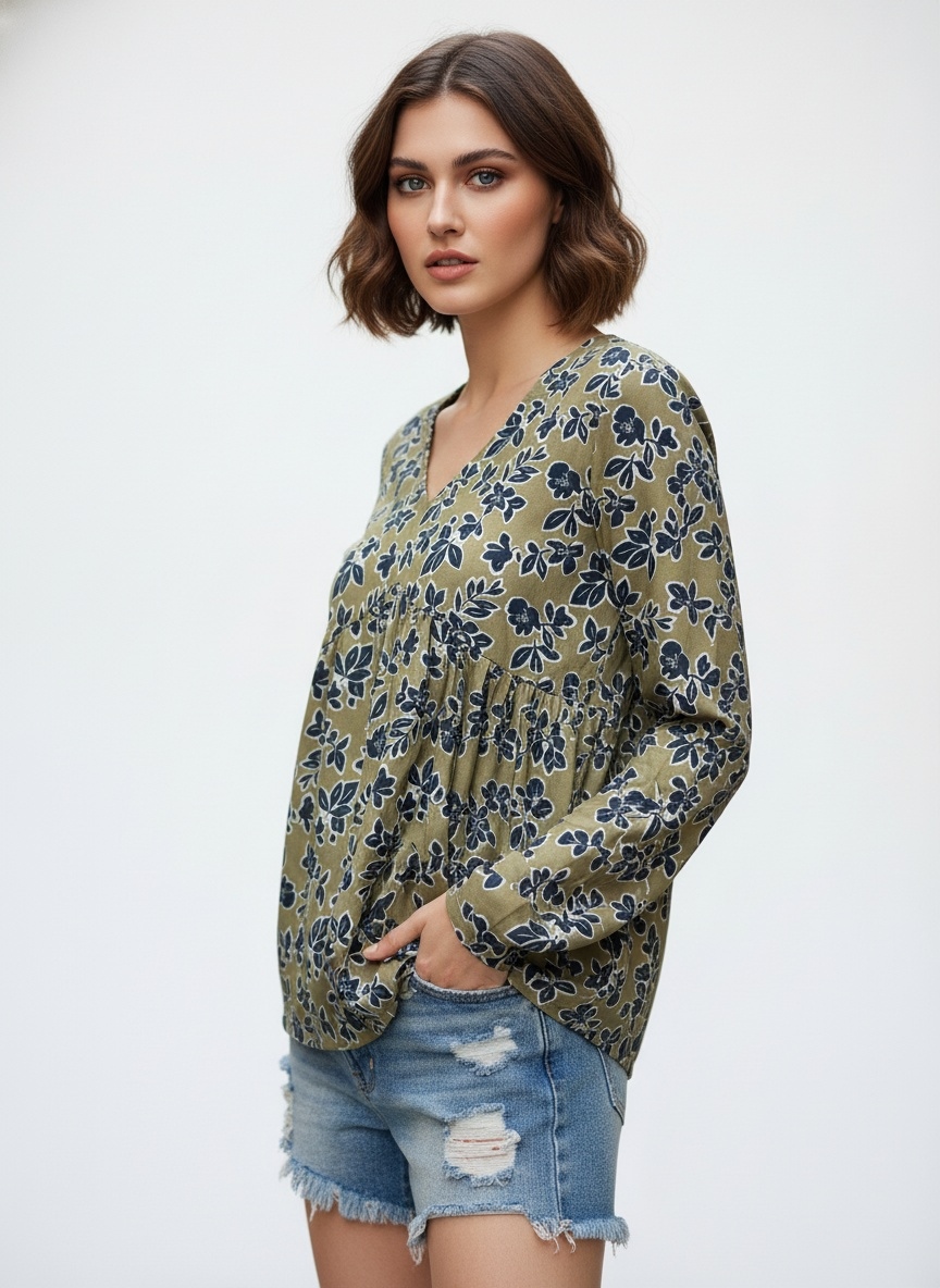 Green Floral Designer Printed Poly Crepe Gathered Top