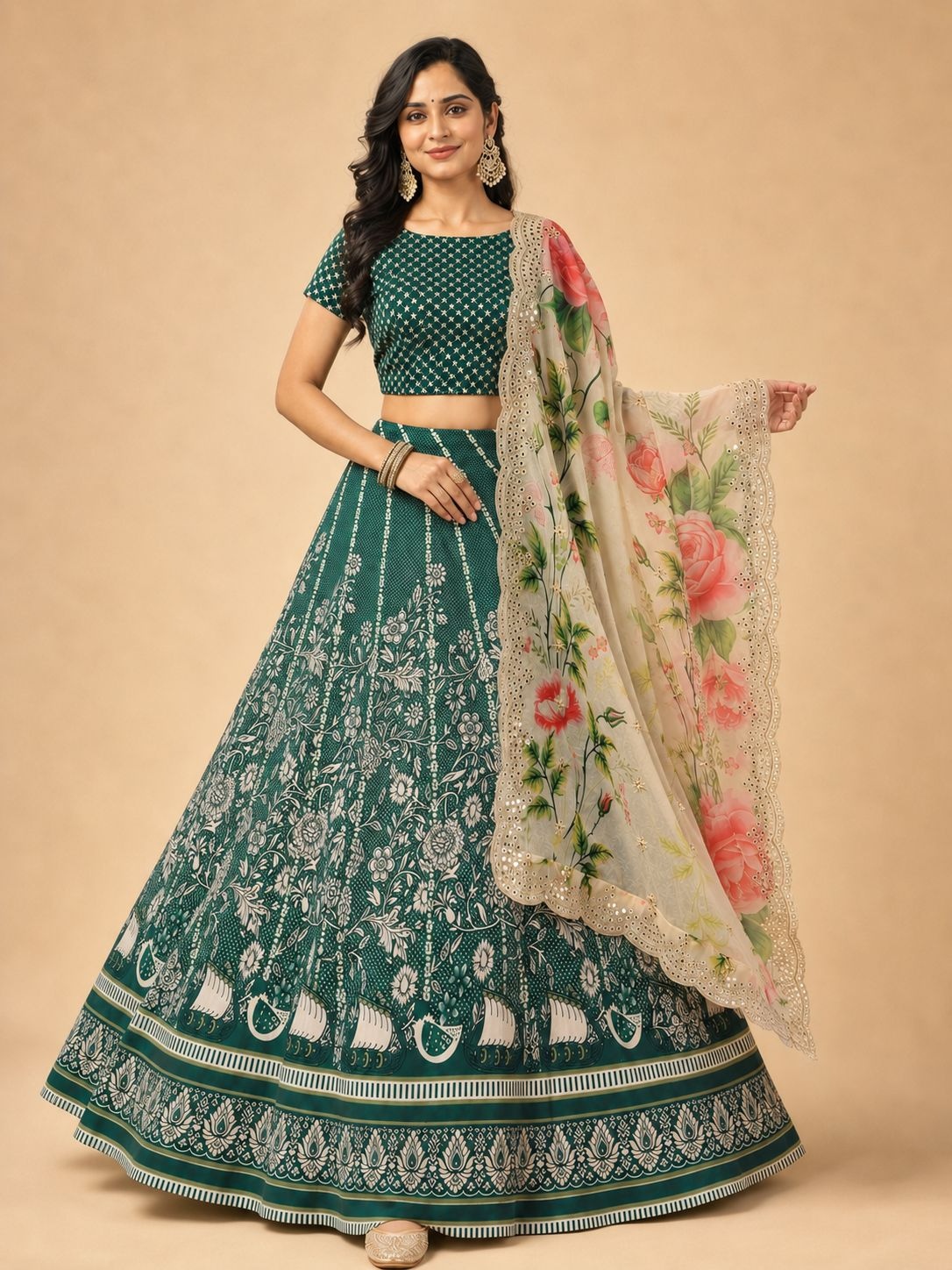 Green Floral Designer Printed Satin Silk Lehenga Choli