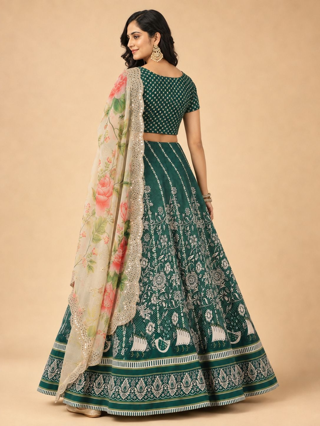 Green Floral Designer Printed Satin Silk Lehenga Choli — alternate view