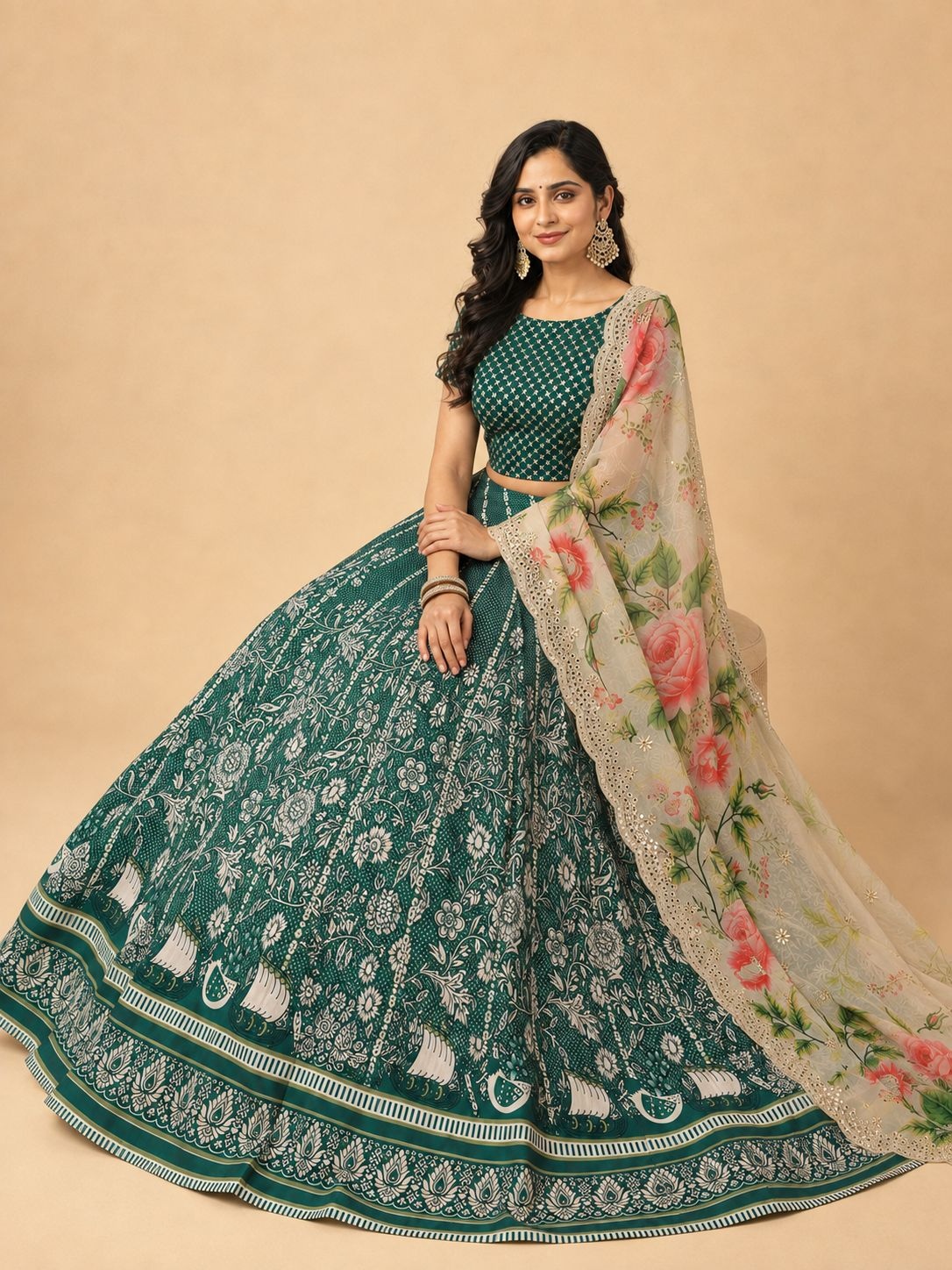 Green Floral Designer Printed Satin Silk Lehenga Choli