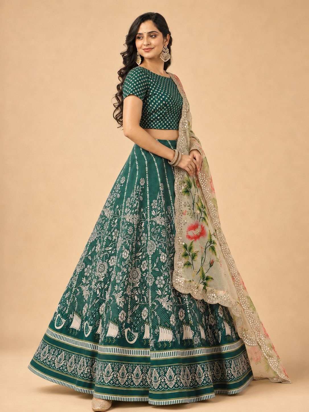 Green Floral Designer Printed Satin Silk Lehenga Choli