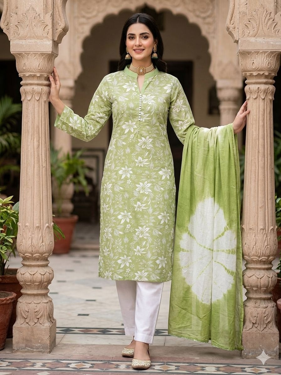 Green Floral Digital Print Cotton Straight Salwar Suit