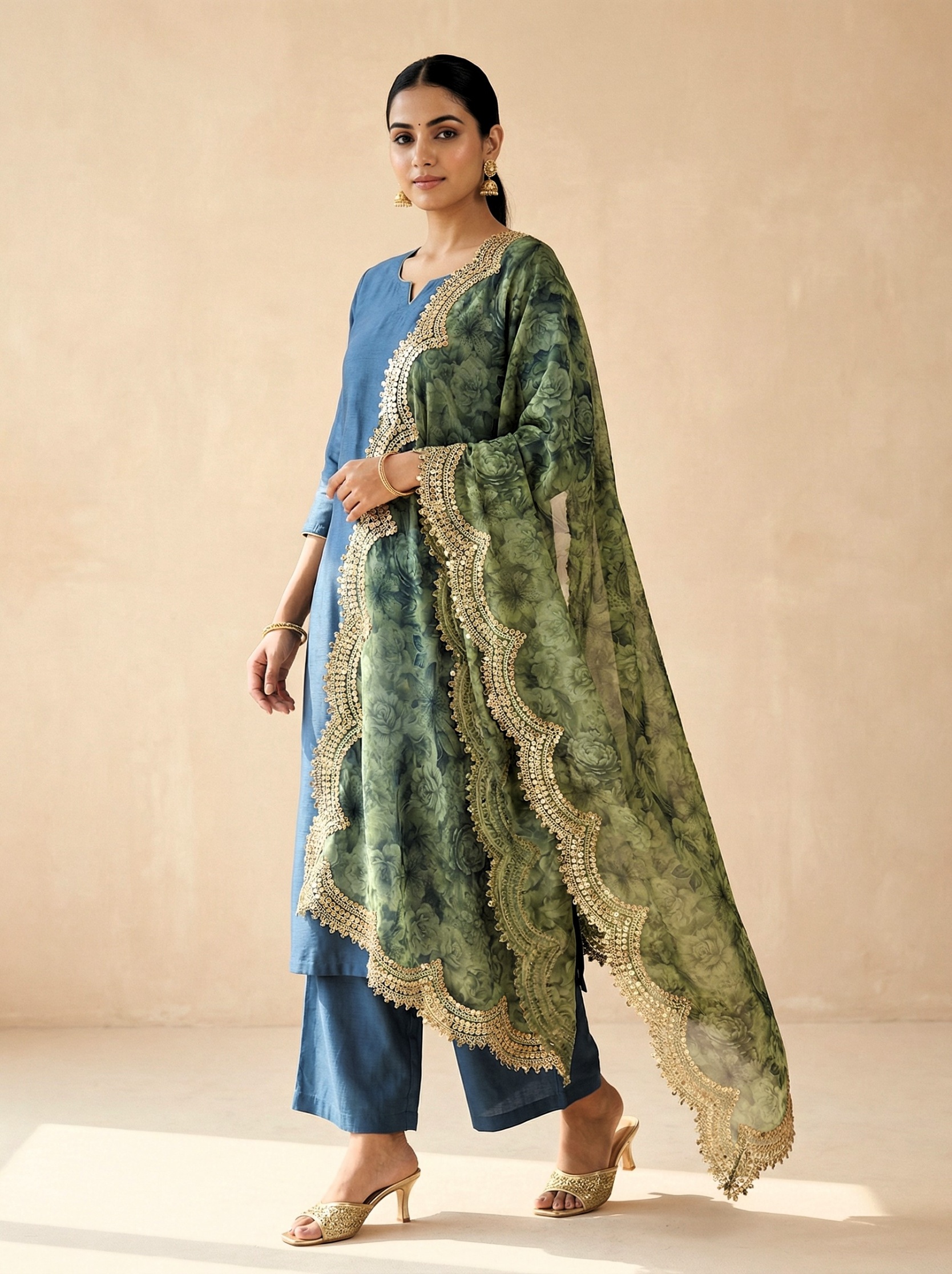 Green Floral Digital Print Jimmy Choo Designer Dupatta — alternate view