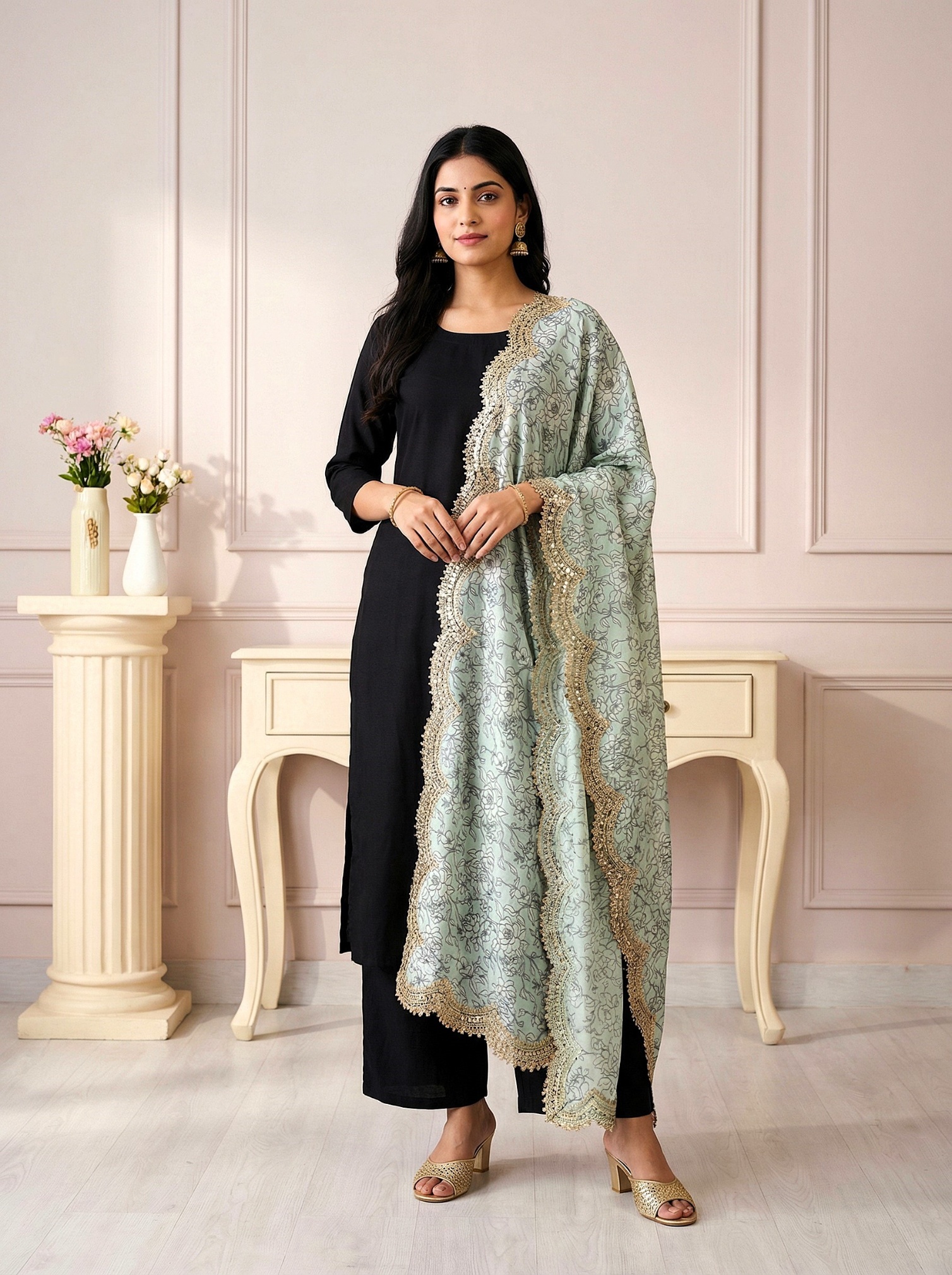 Green Floral Digital Print Jimmy Choo Lace Dupatta