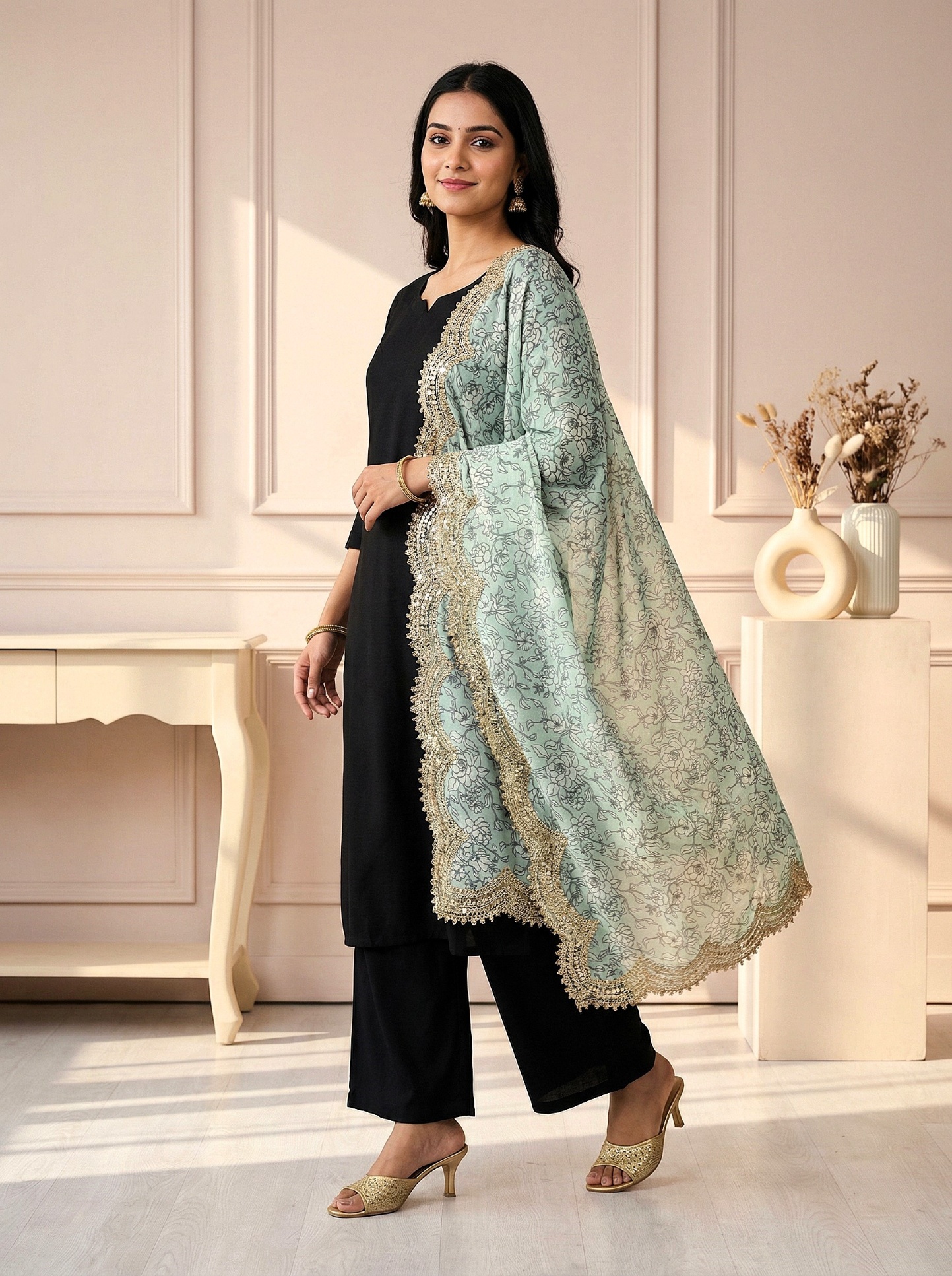 Green Floral Digital Print Jimmy Choo Lace Dupatta — alternate view