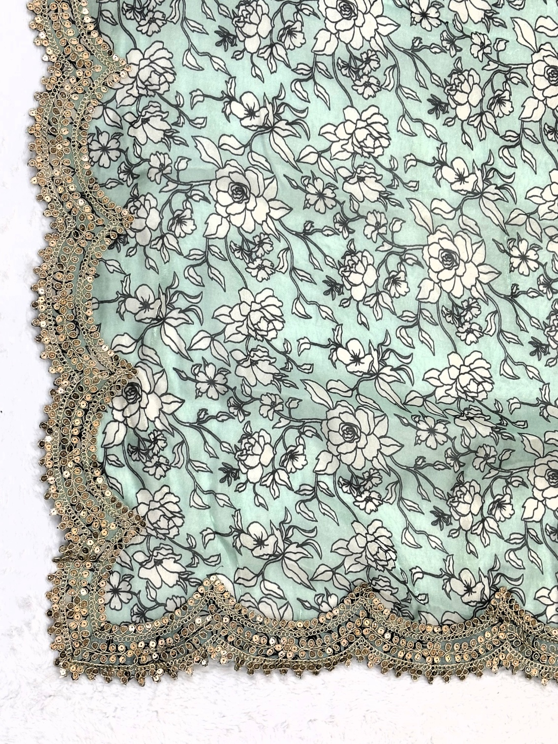 Green Floral Digital Print Jimmy Choo Lace Dupatta