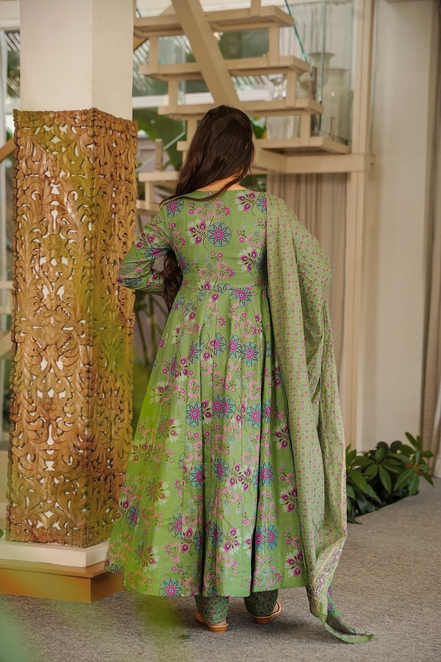 Green Floral Digital Print Muslin Anarkali Suit — alternate view