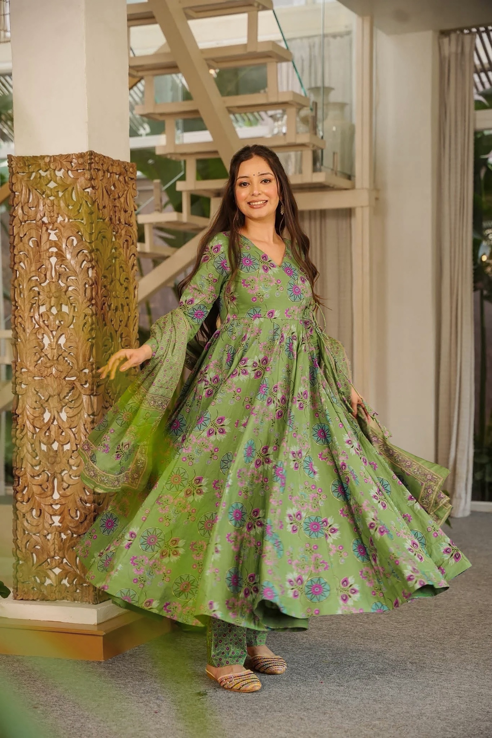 Green Floral Digital Print Muslin Anarkali Suit