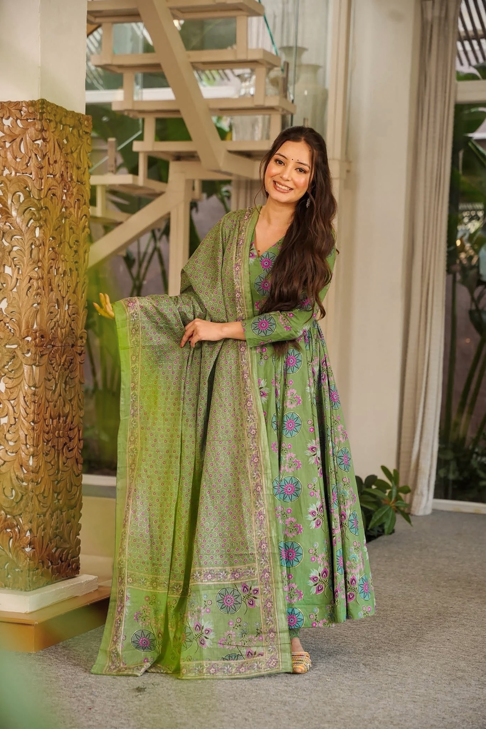 Green Floral Digital Print Muslin Anarkali Suit