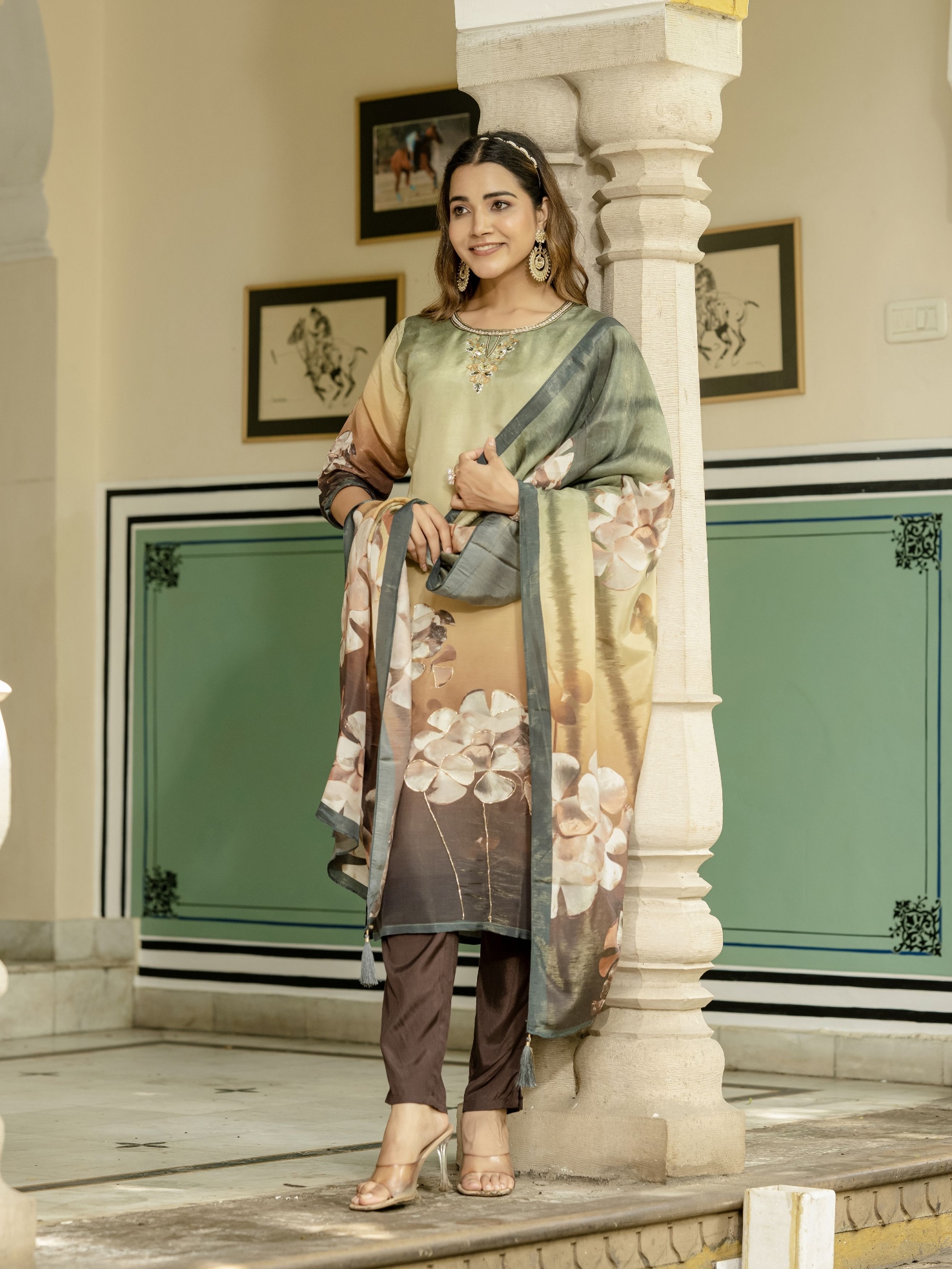 Green Floral Digital Print Viscose Silk Salwar Suit