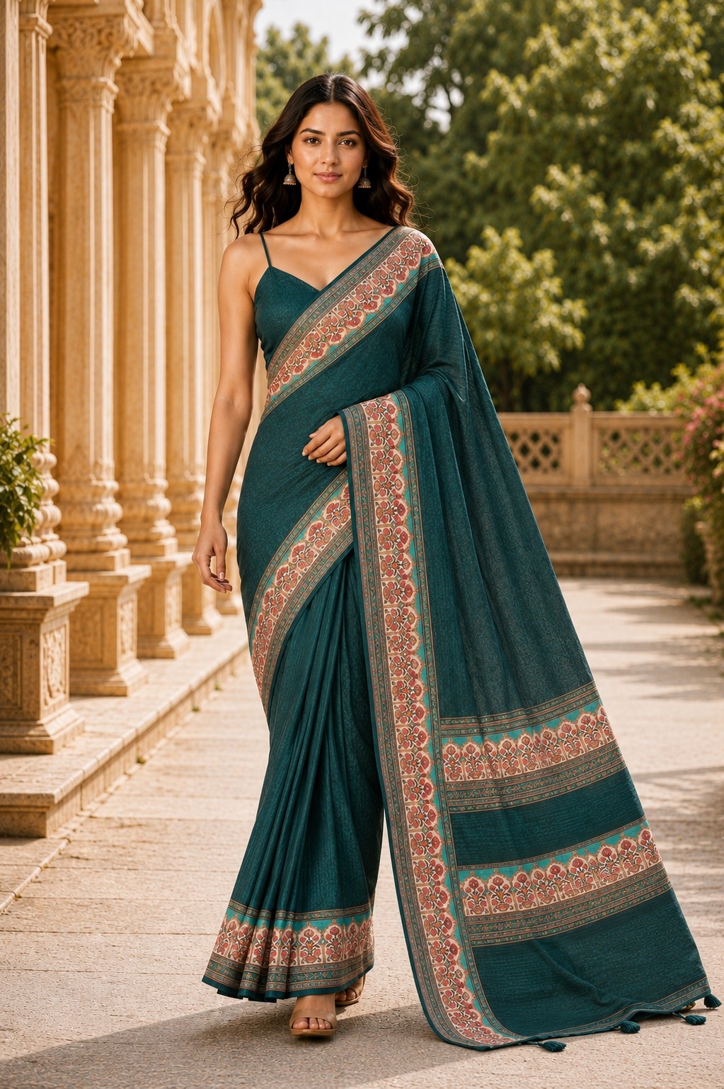Green Floral Digital Printed Chanderi Linen Saree
