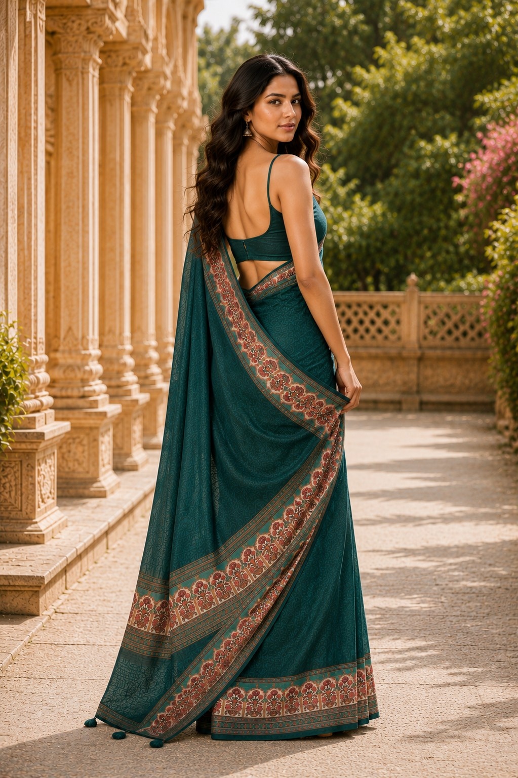 Green Floral Digital Printed Chanderi Linen Saree — alternate view
