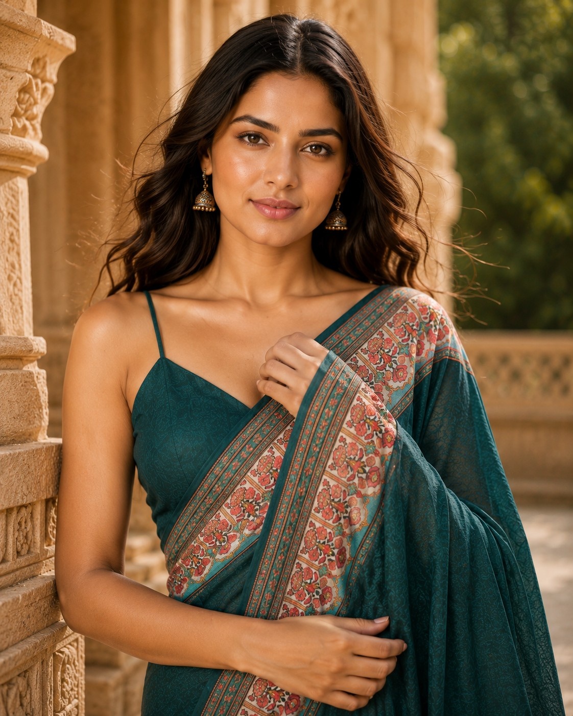Green Floral Digital Printed Chanderi Linen Saree