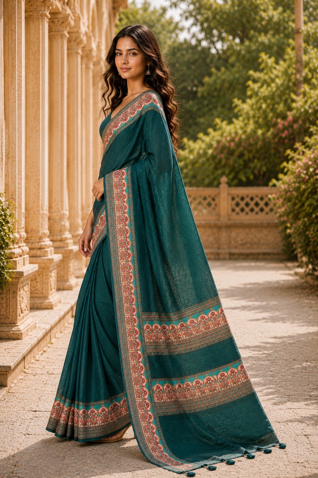 Green Floral Digital Printed Chanderi Linen Saree