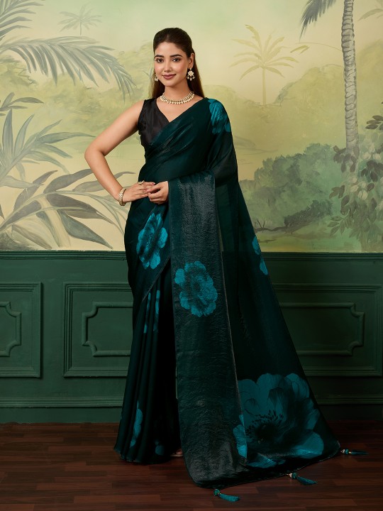 Green Floral Digital Printed Satin Silk Saree