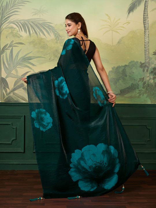 Green Floral Digital Printed Satin Silk Saree — alternate view