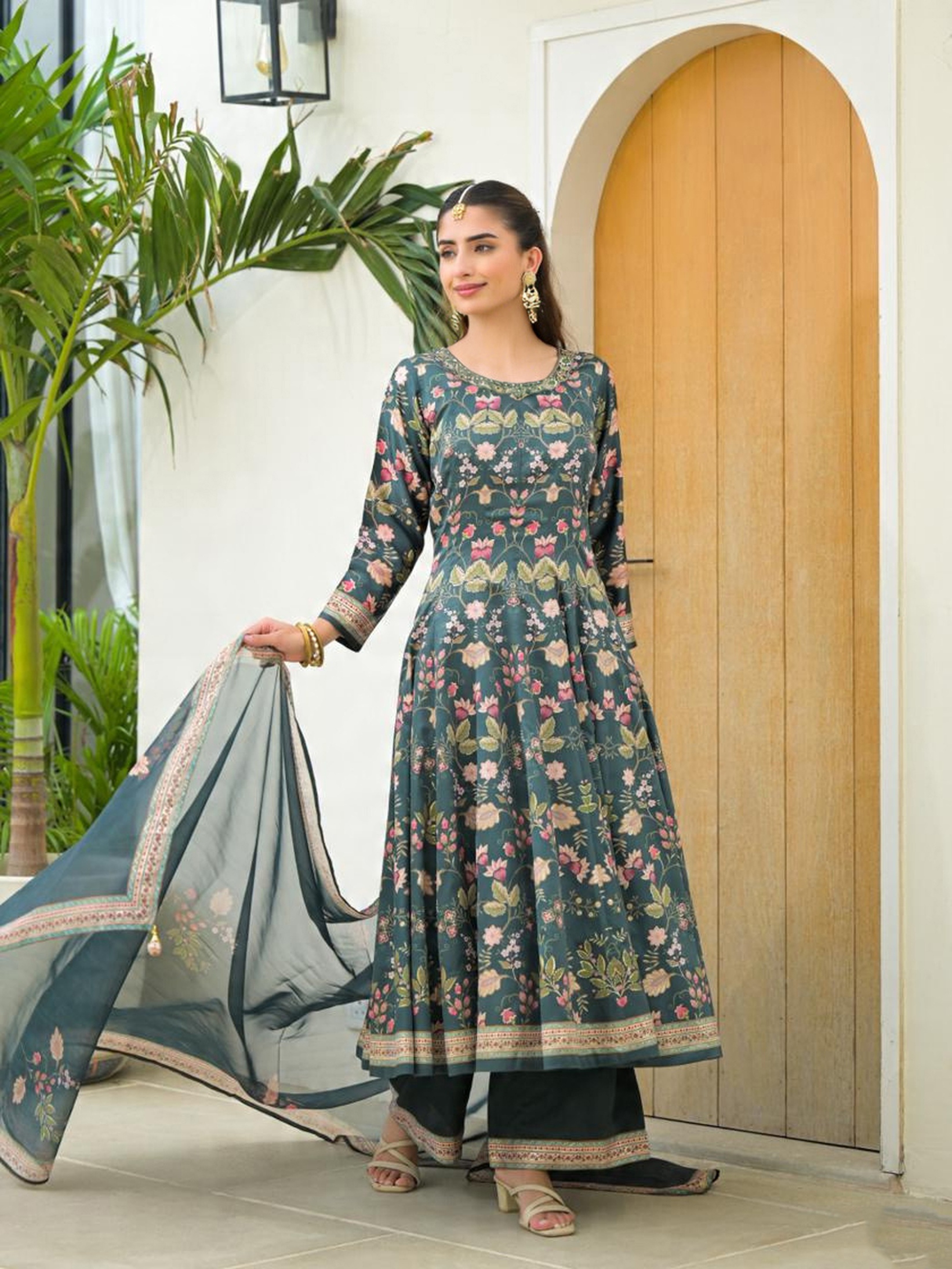Green Floral Digital Silk Satin Anarkali Suit