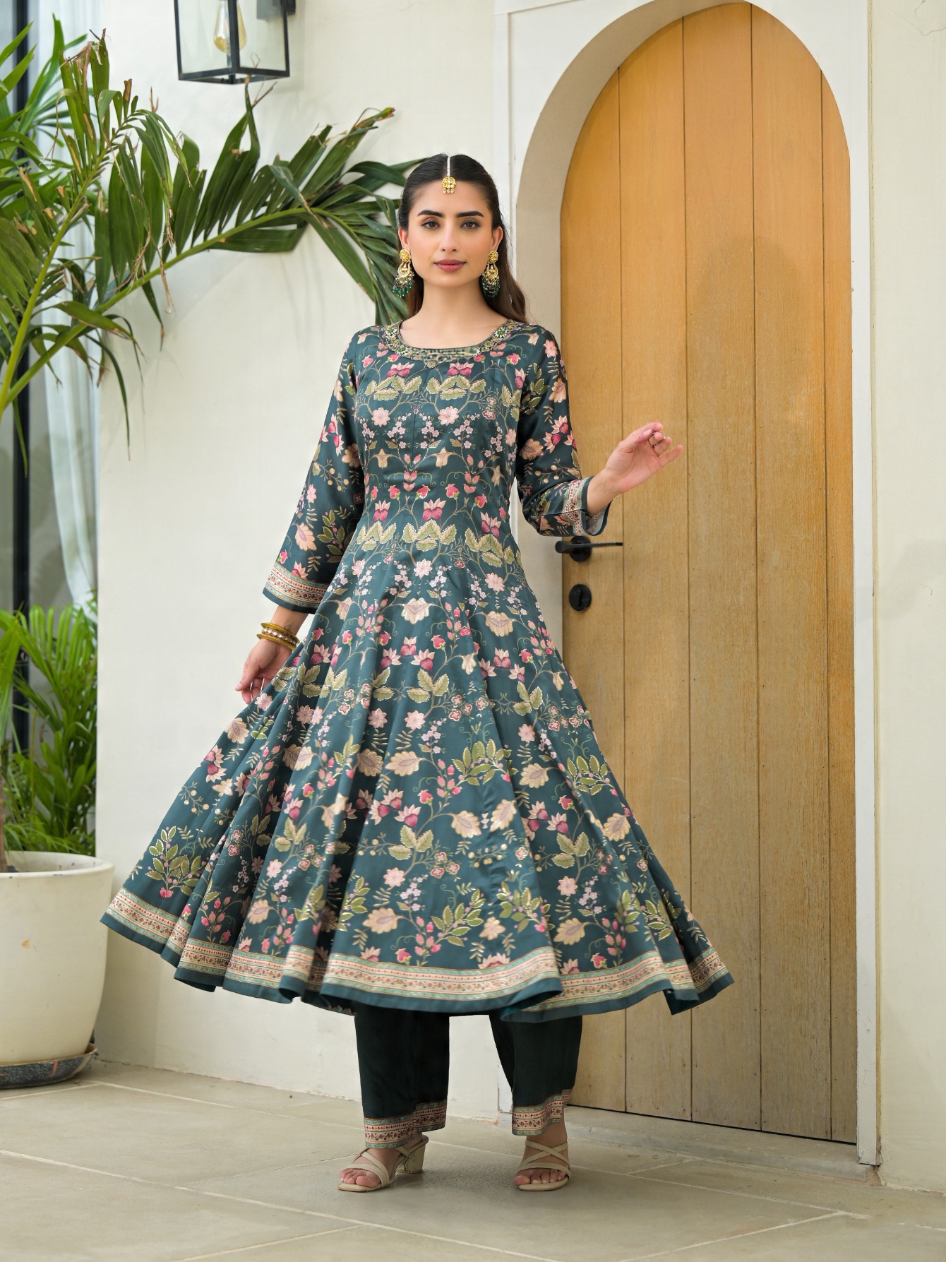 Green Floral Digital Silk Satin Anarkali Suit — alternate view