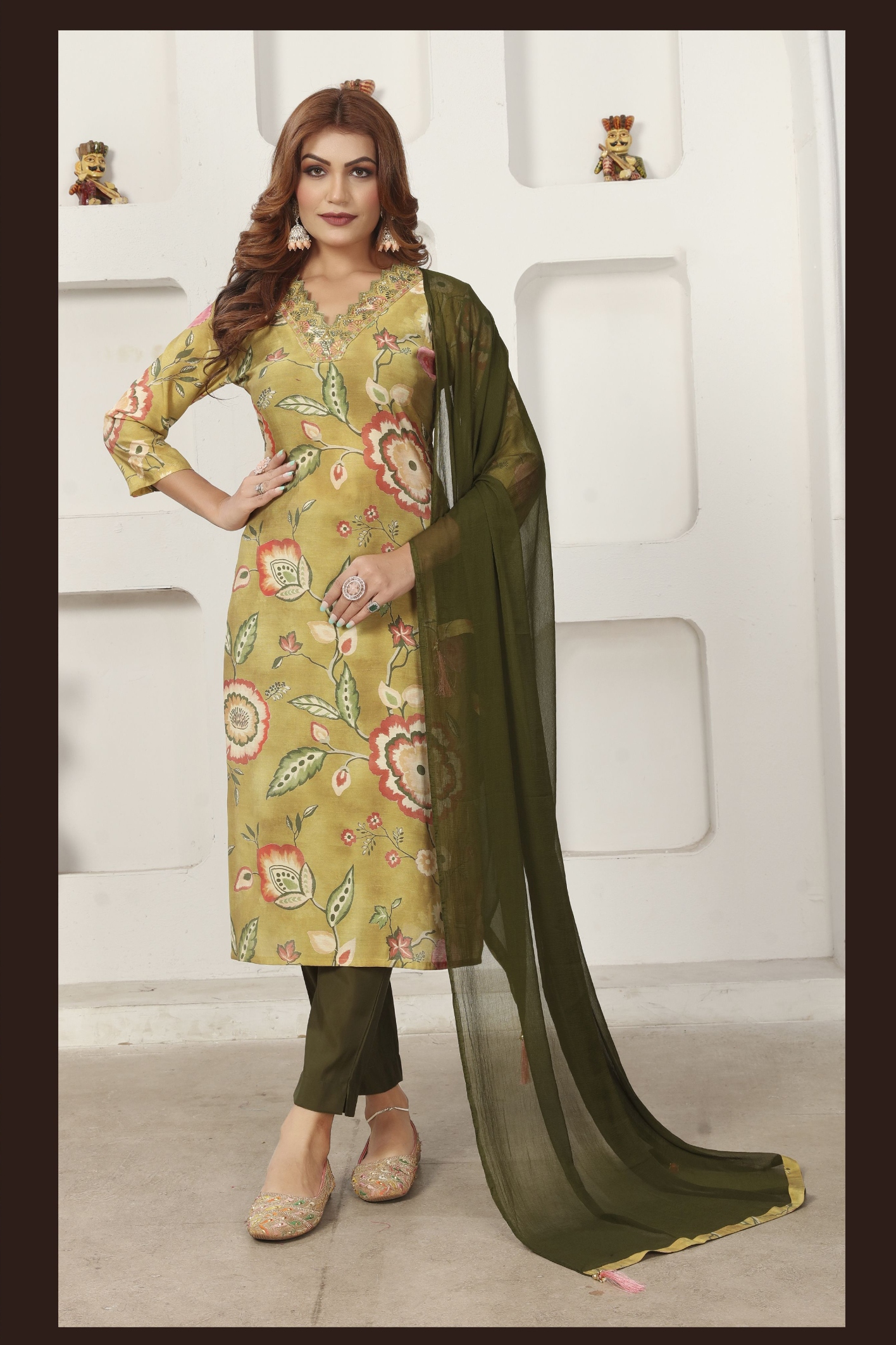 Green Floral Embroidered Chanderi Straight Suit