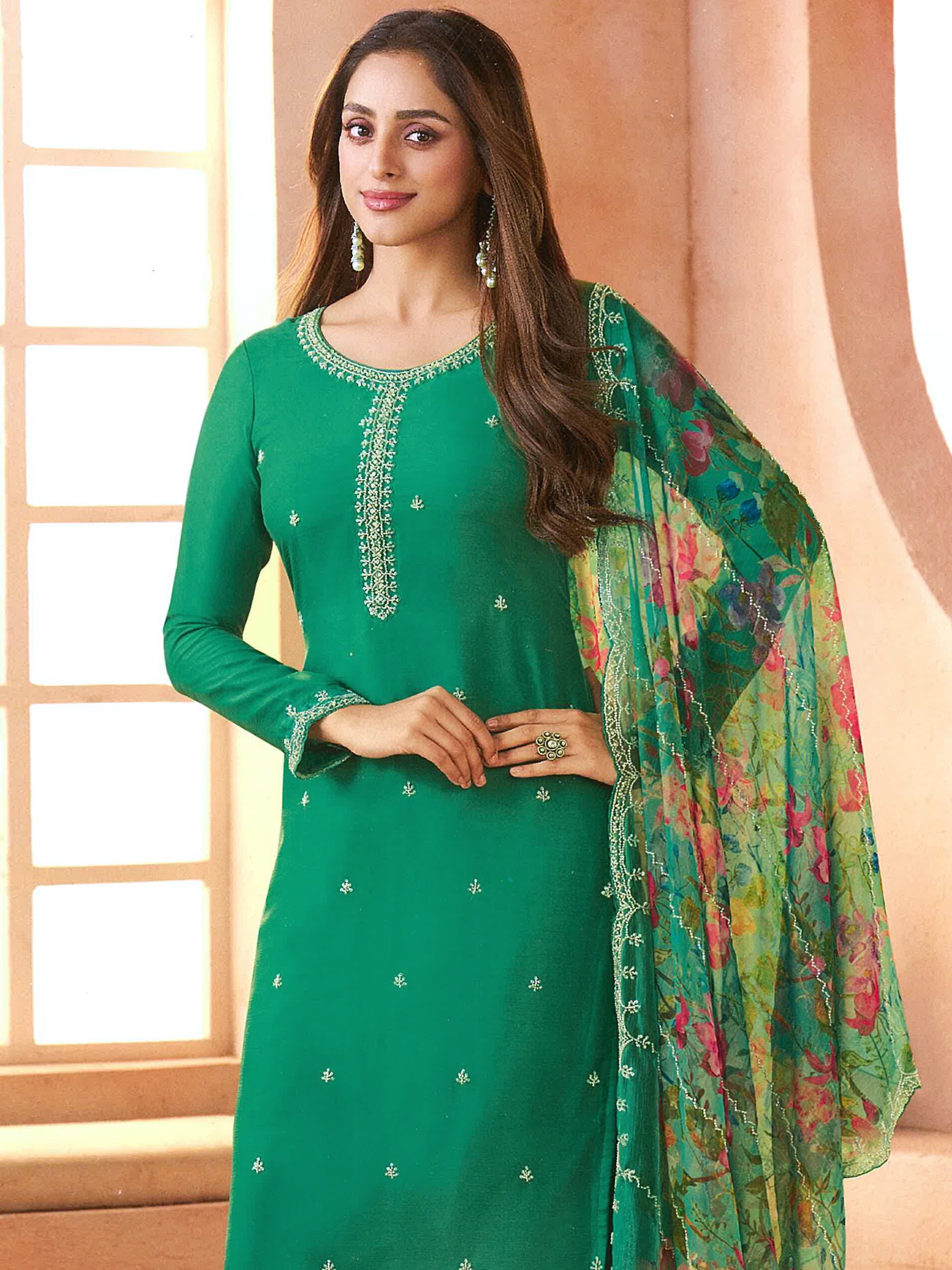 Green Floral Embroidered Chiffon Salwar Suit — alternate view