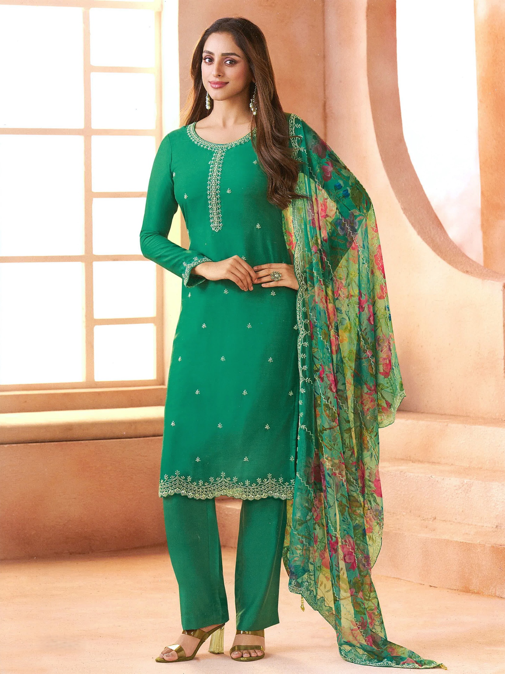 Green Floral Embroidered Chiffon Salwar Suit