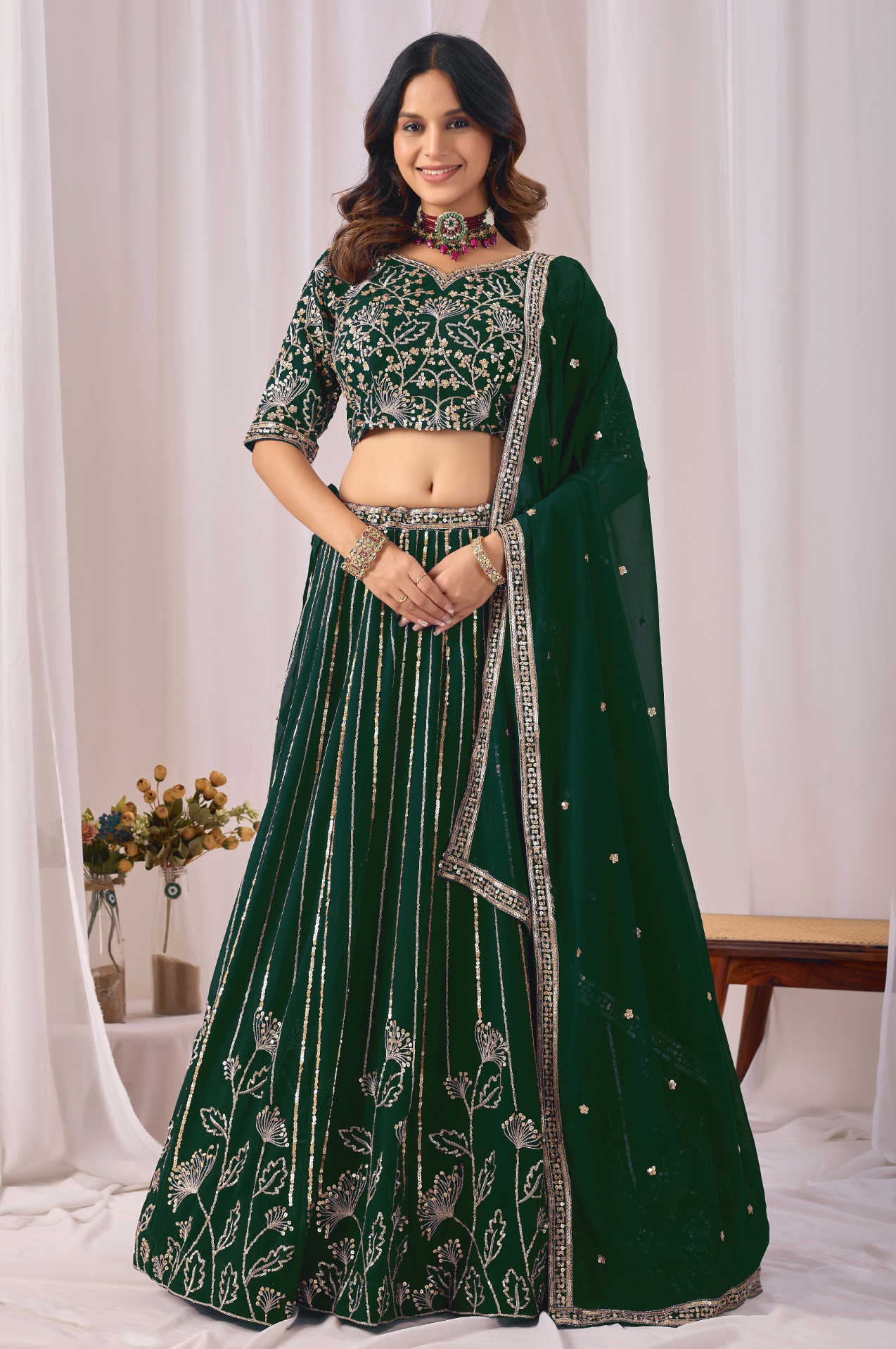 Green Floral Embroidered Faux Georgette Lehenga Set