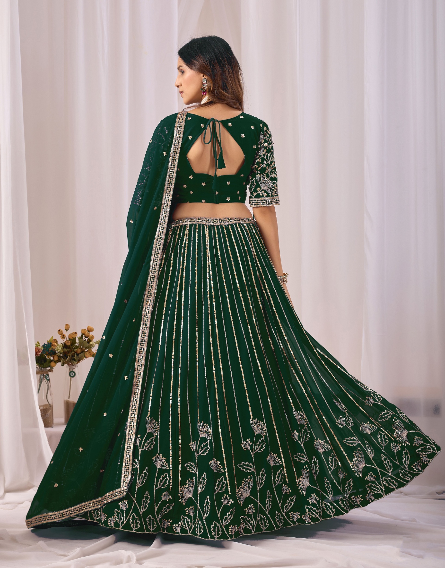 Green Floral Embroidered Faux Georgette Lehenga Set — alternate view