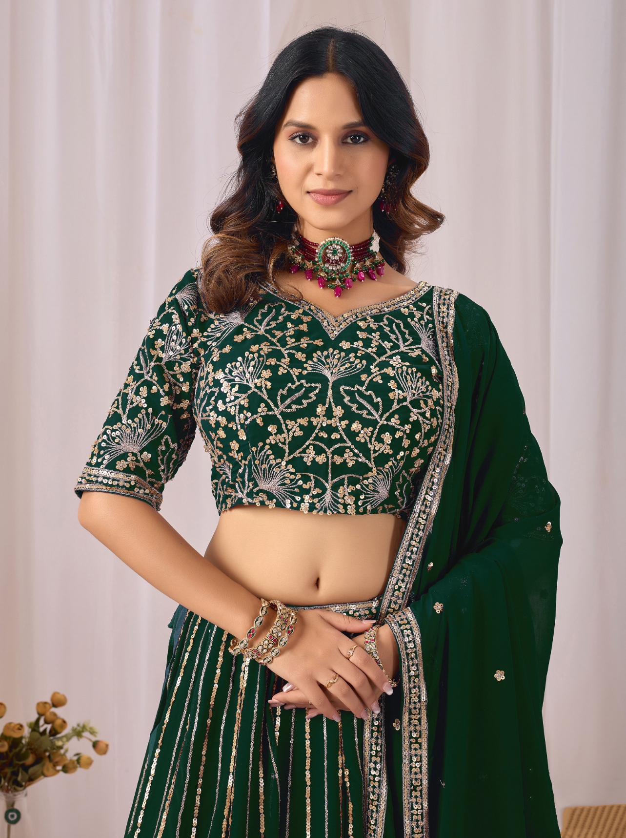 Green Floral Embroidered Faux Georgette Lehenga Set