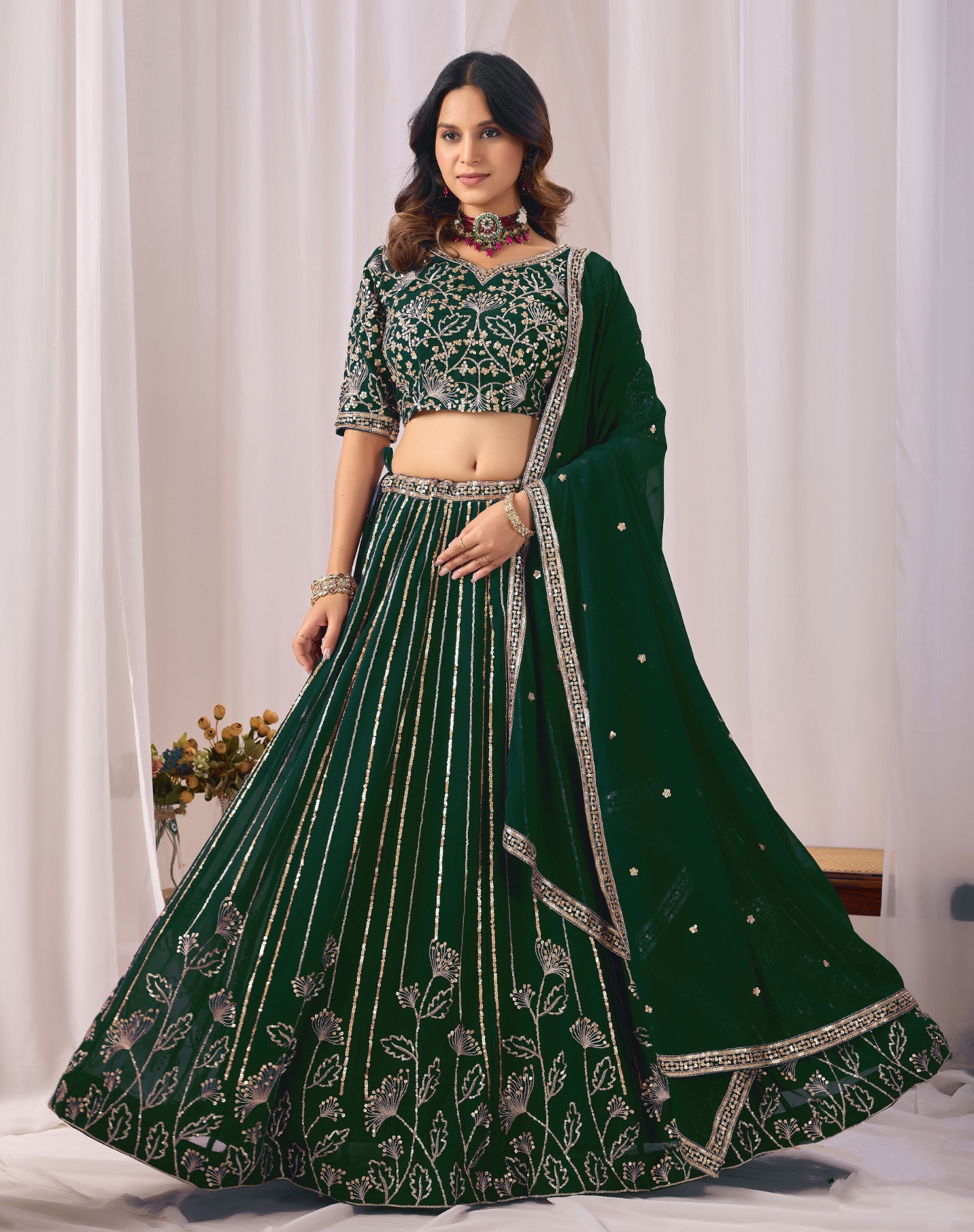 Green Floral Embroidered Faux Georgette Lehenga Set