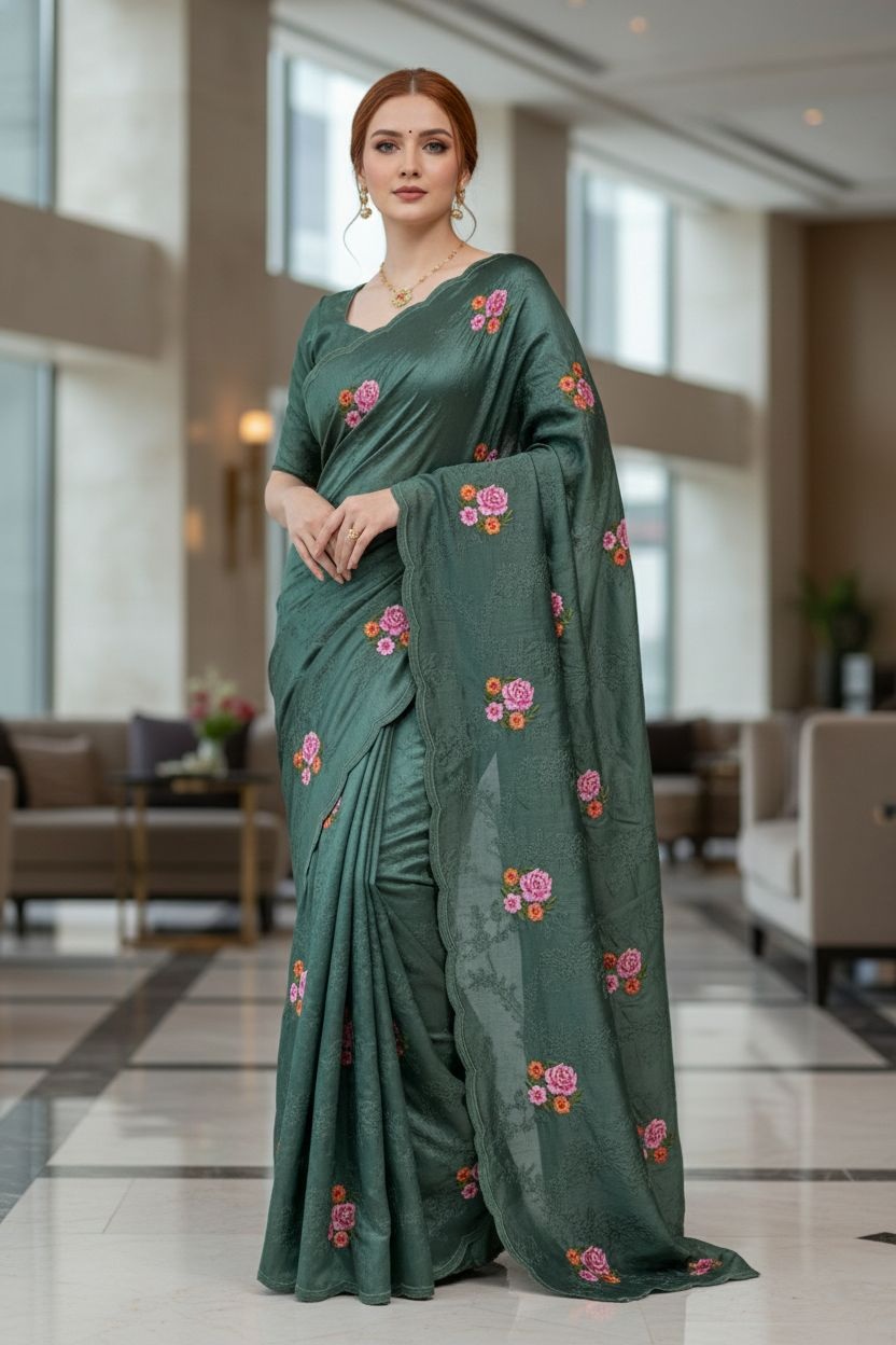 Green Floral Embroidered Manipuri Silk Saree