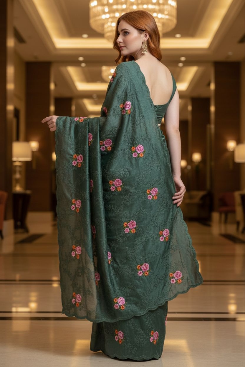 Green Floral Embroidered Manipuri Silk Saree — alternate view