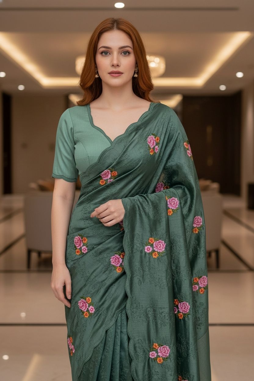 Green Floral Embroidered Manipuri Silk Saree