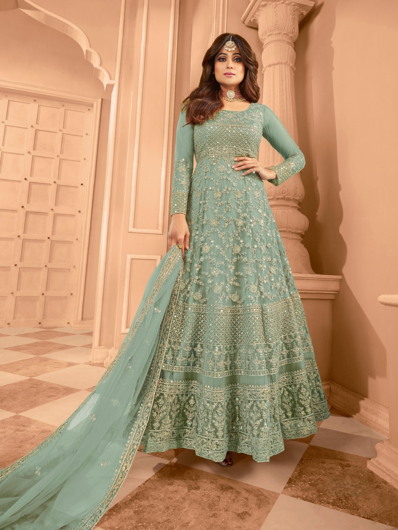 Green Floral Embroidered Net Anarkali Suit