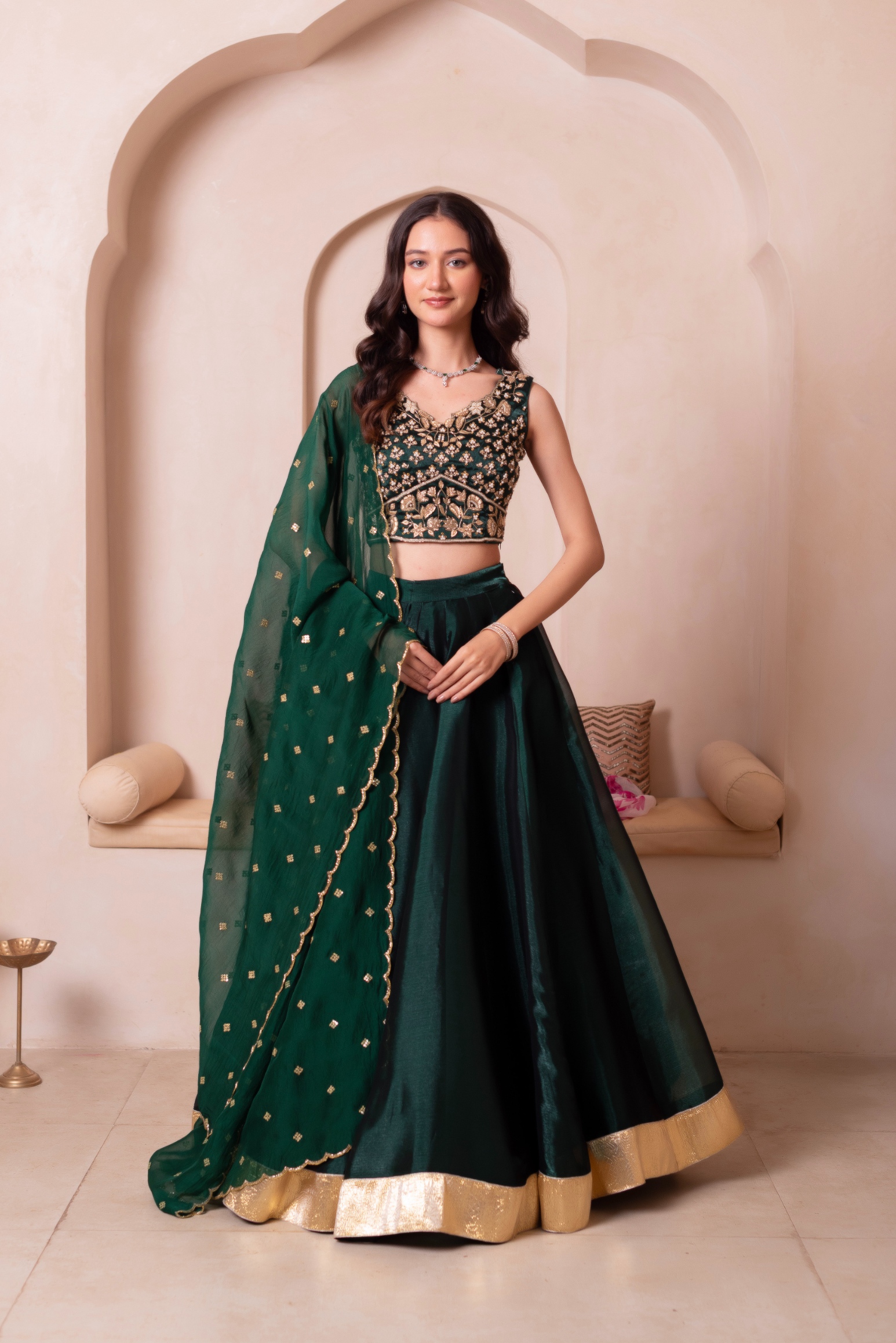 Green Floral Embroidered Organza Lehenga Choli