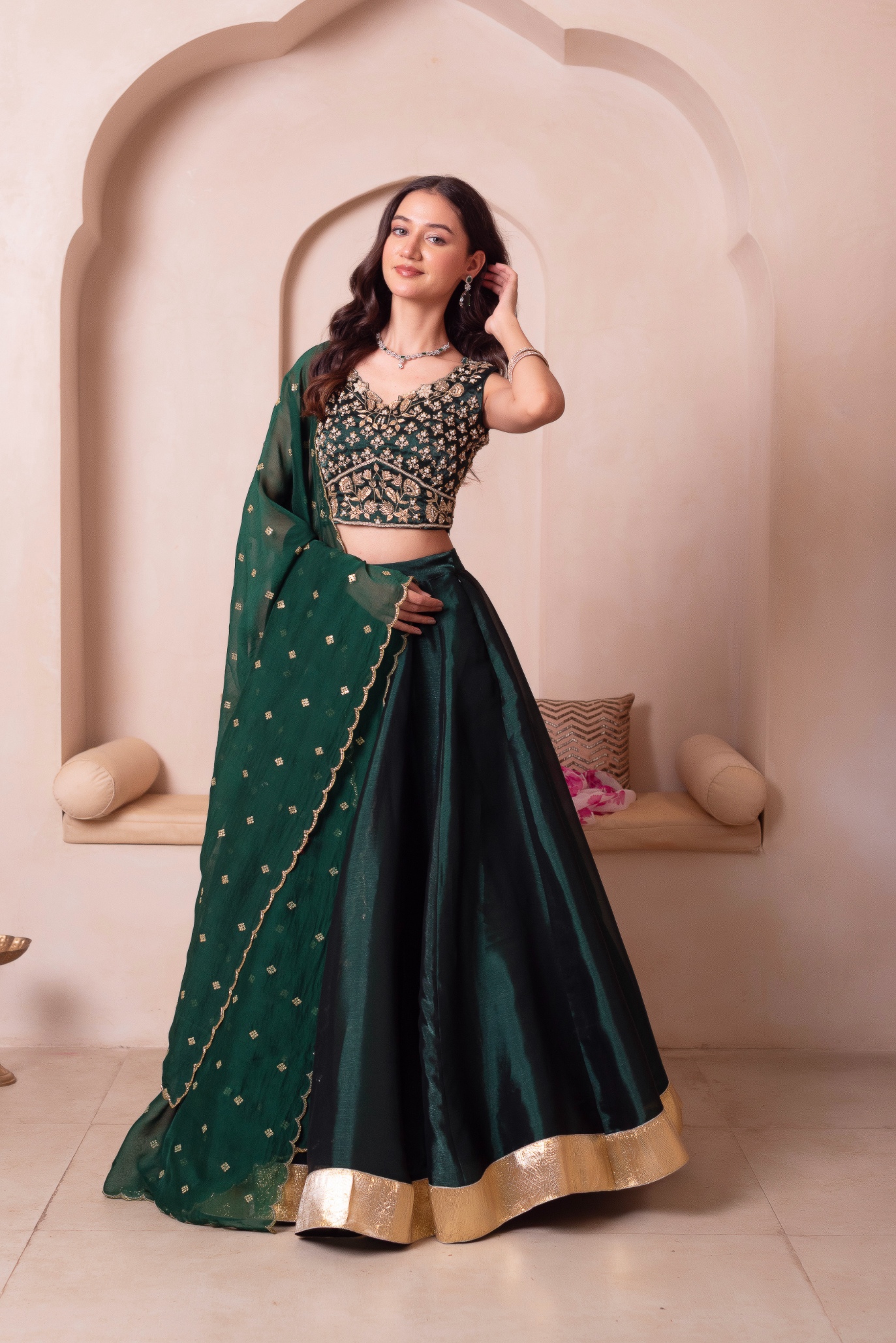 Green Floral Embroidered Organza Lehenga Choli