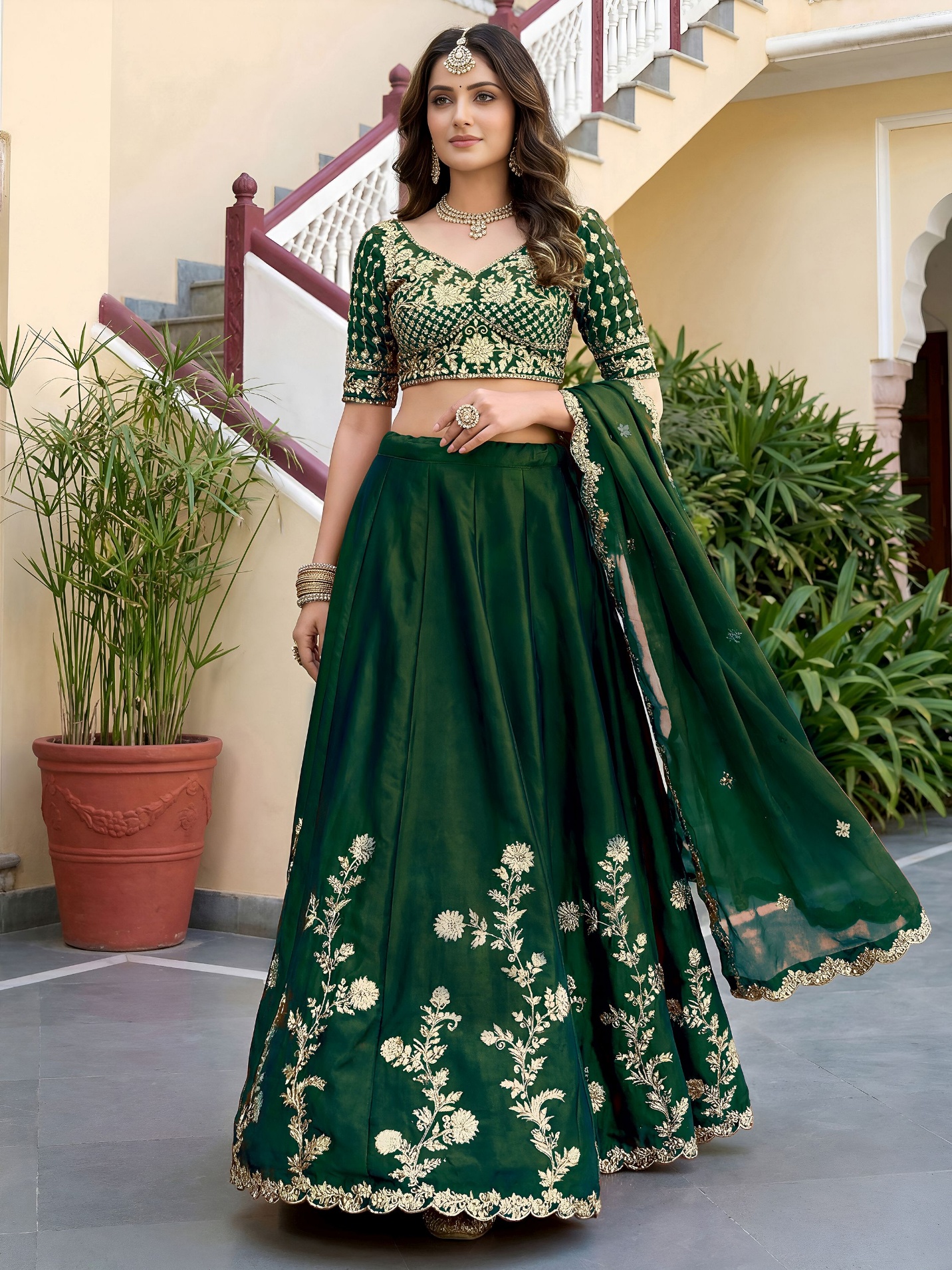 Green Floral Embroidered Rangoli Silk Lehenga Choli