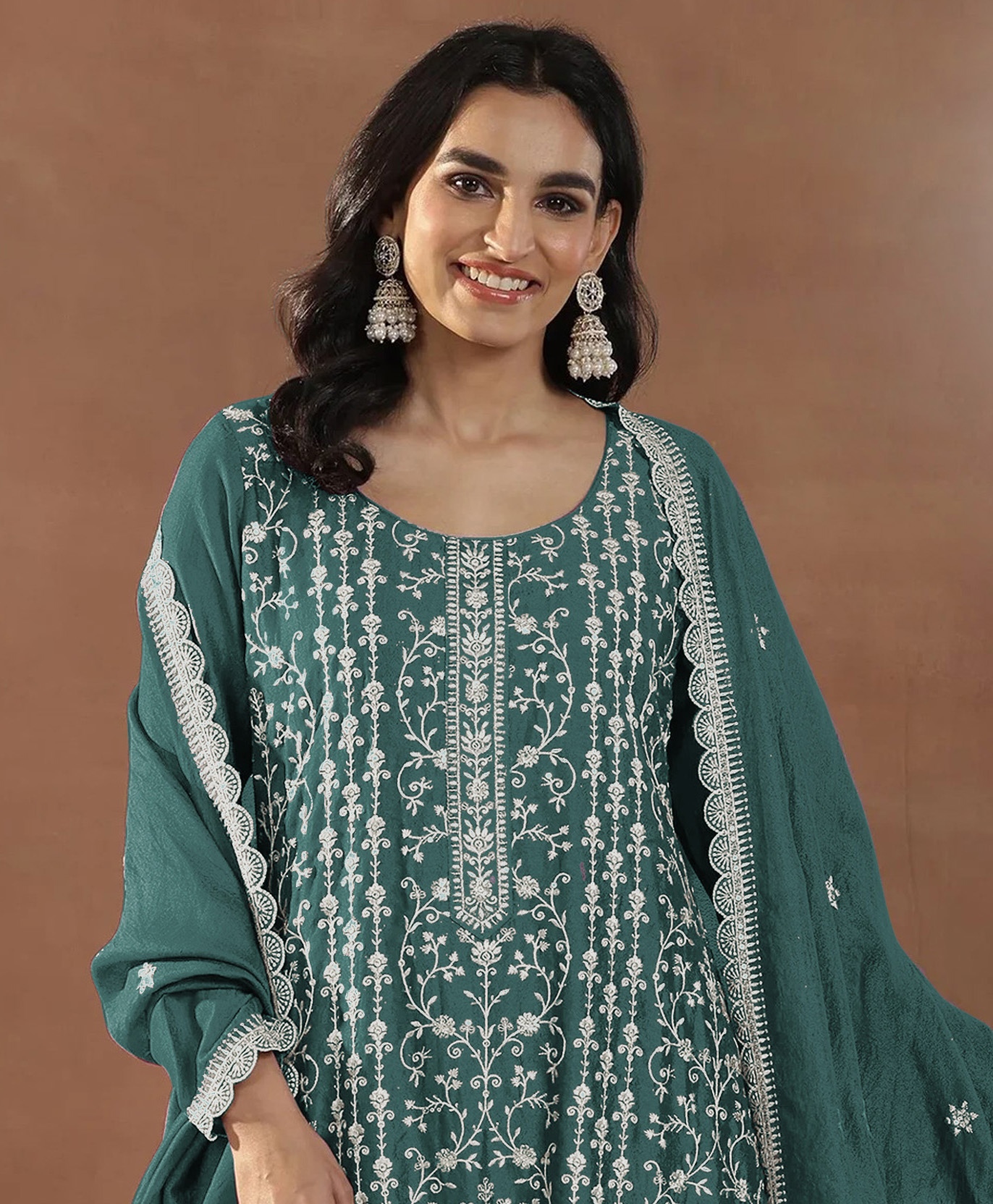 Green Floral Embroidered Silk Straight Suit — alternate view