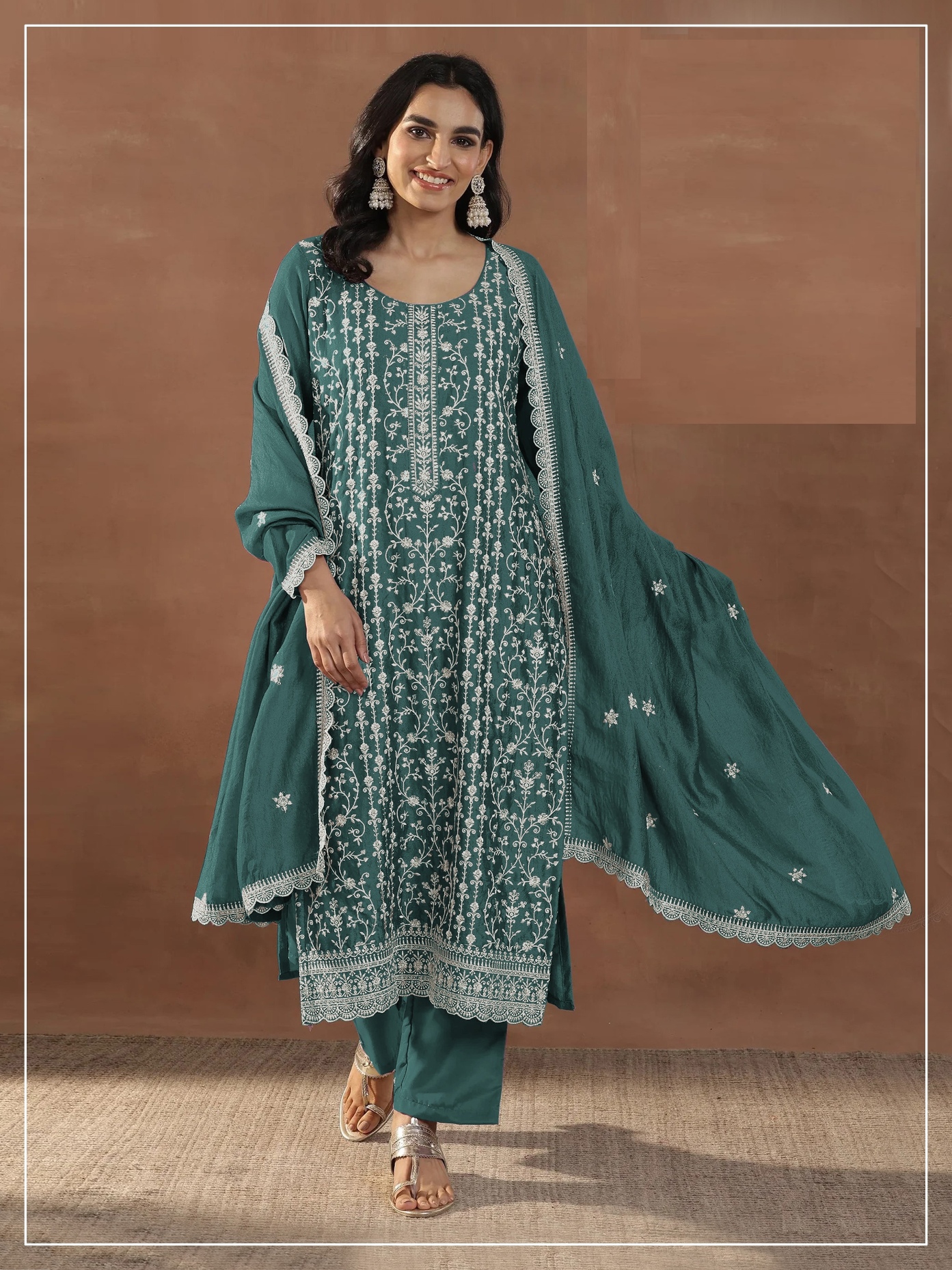 Green Floral Embroidered Silk Straight Suit
