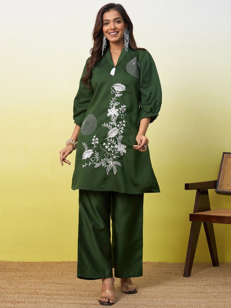 Green Floral Embroidered Viscose Rayon Co-Ord Set