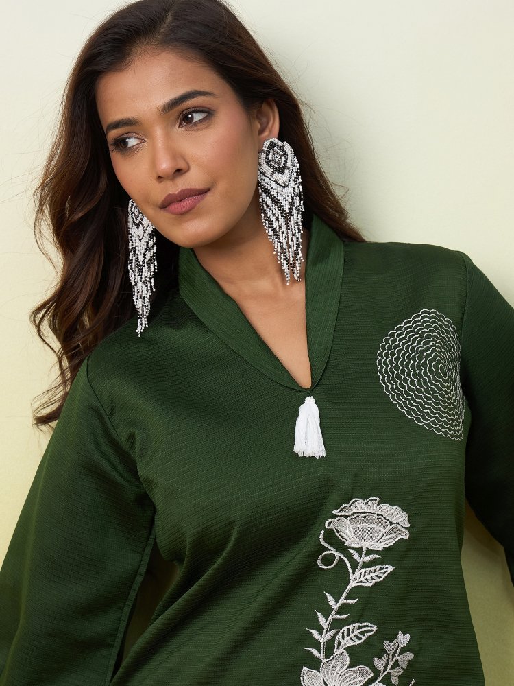 Green Floral Embroidered Viscose Rayon Co-Ord Set