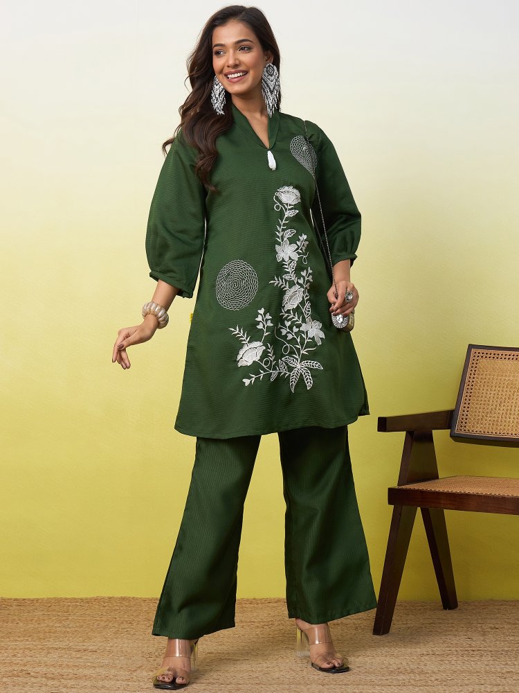 Green Floral Embroidered Viscose Rayon Co-Ord Set