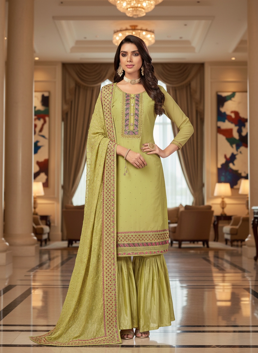 Green Floral Embroidery Faux Georgette Palazzo Suit