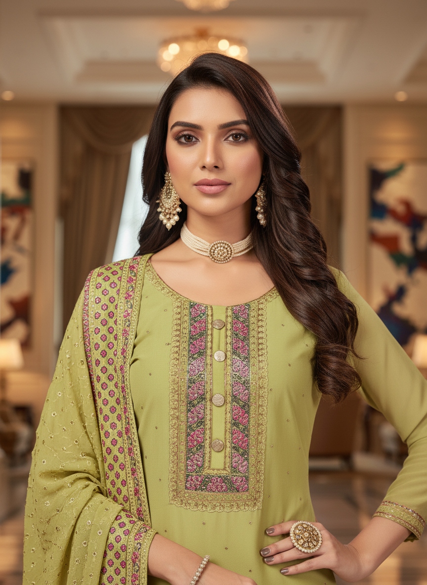 Green Floral Embroidery Faux Georgette Palazzo Suit