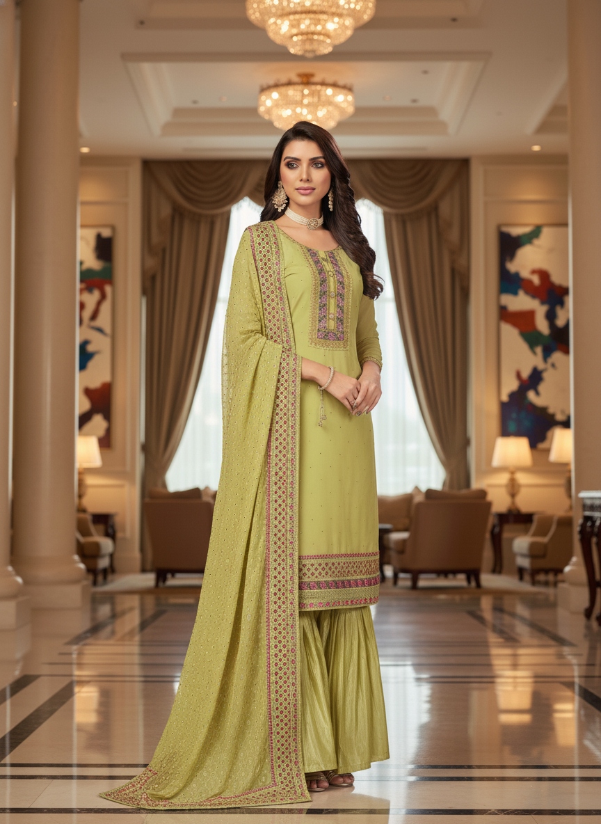 Green Floral Embroidery Faux Georgette Palazzo Suit