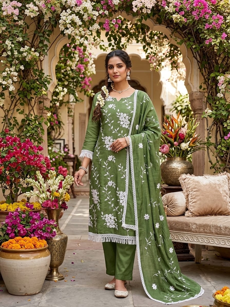 Green Floral Embroidery Parampra Silk Straight Suit