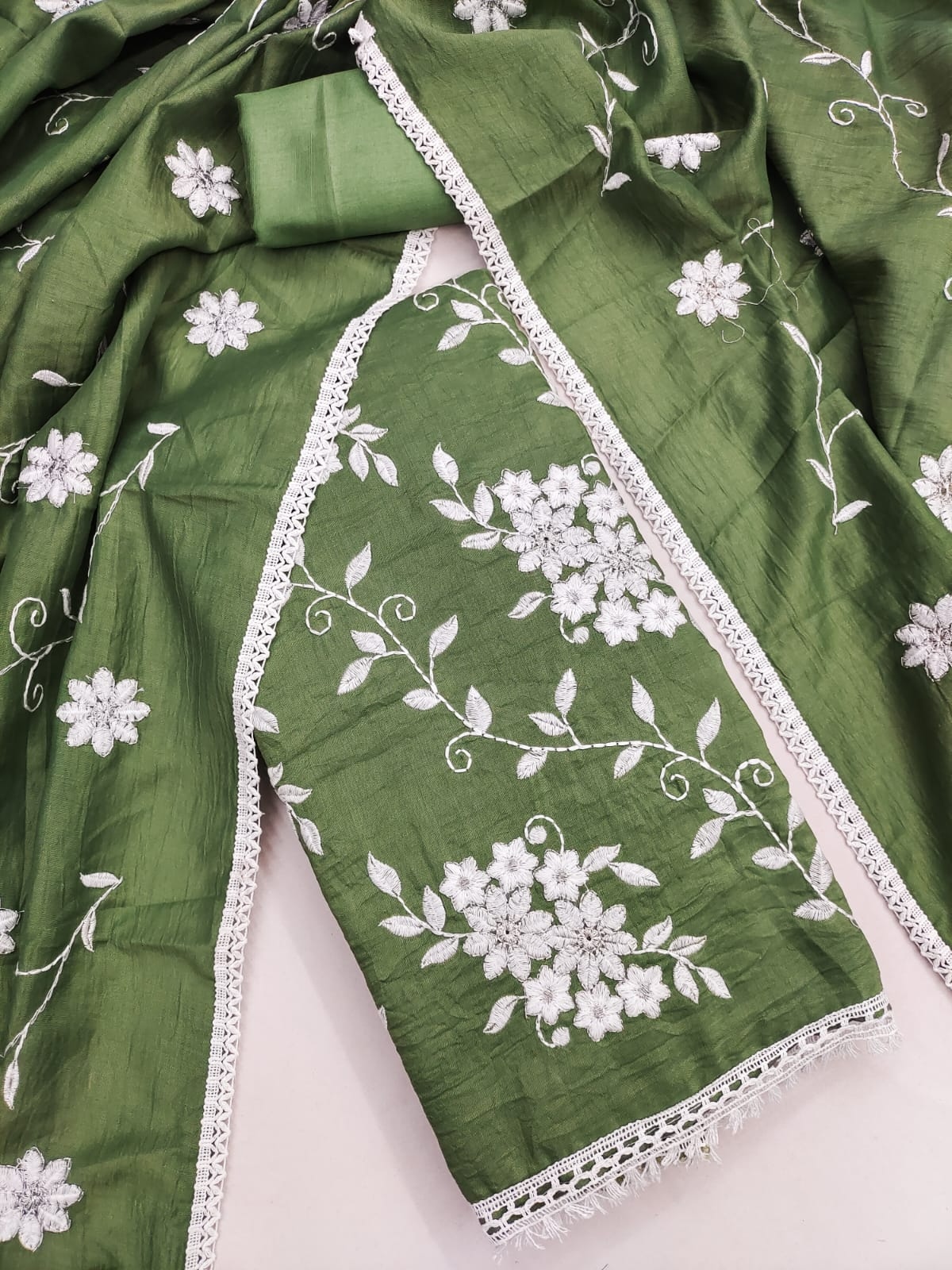 Green Floral Embroidery Parampra Silk Straight Suit