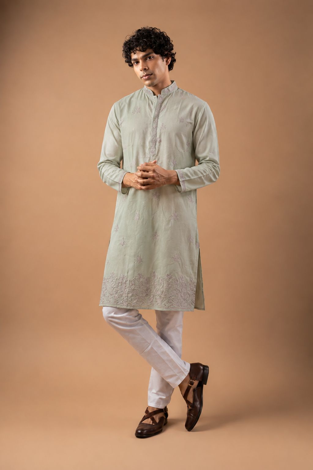 Green Floral Embroidery Viscose Silk Kurta Set