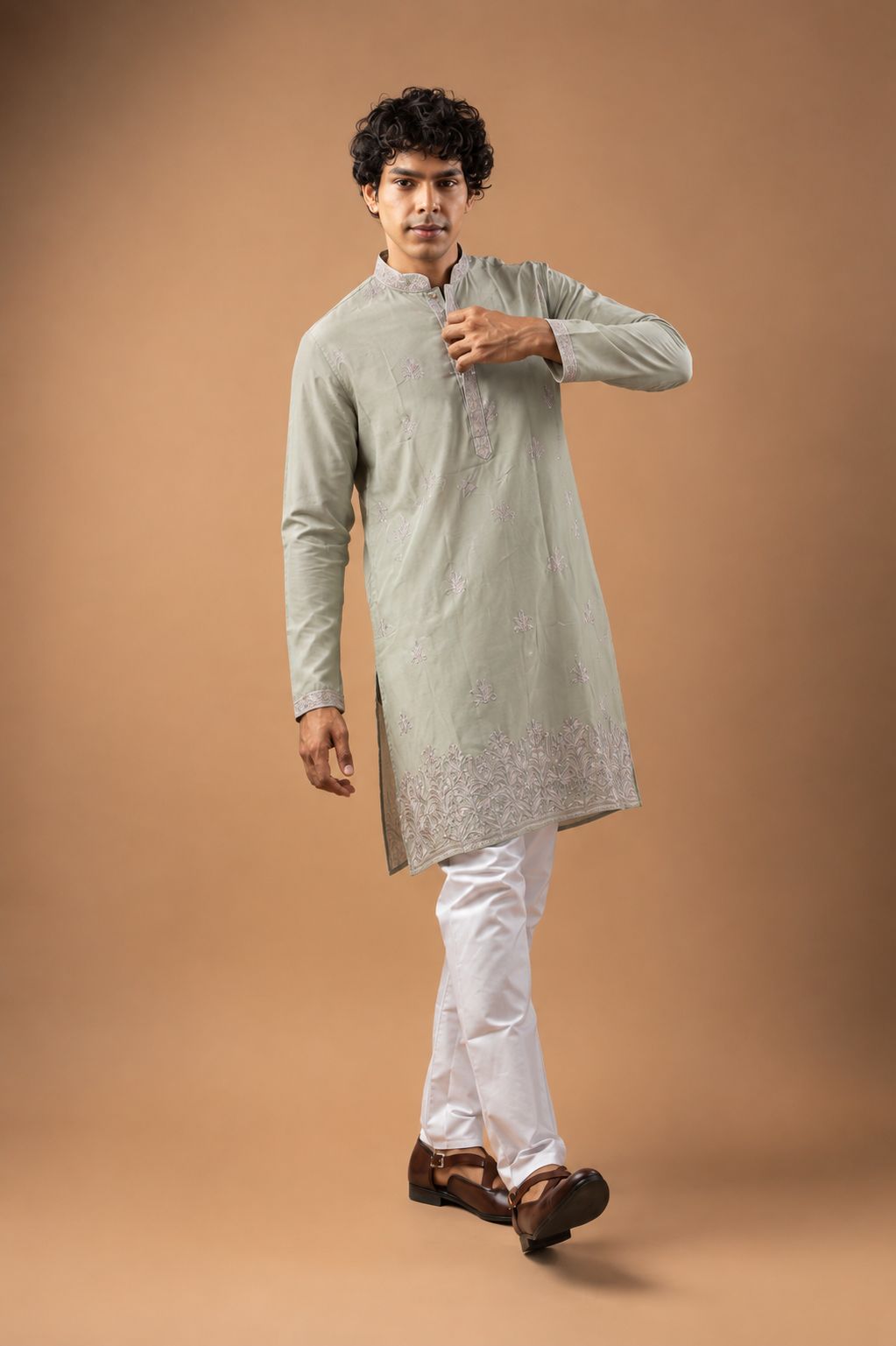 Green Floral Embroidery Viscose Silk Kurta Set — alternate view