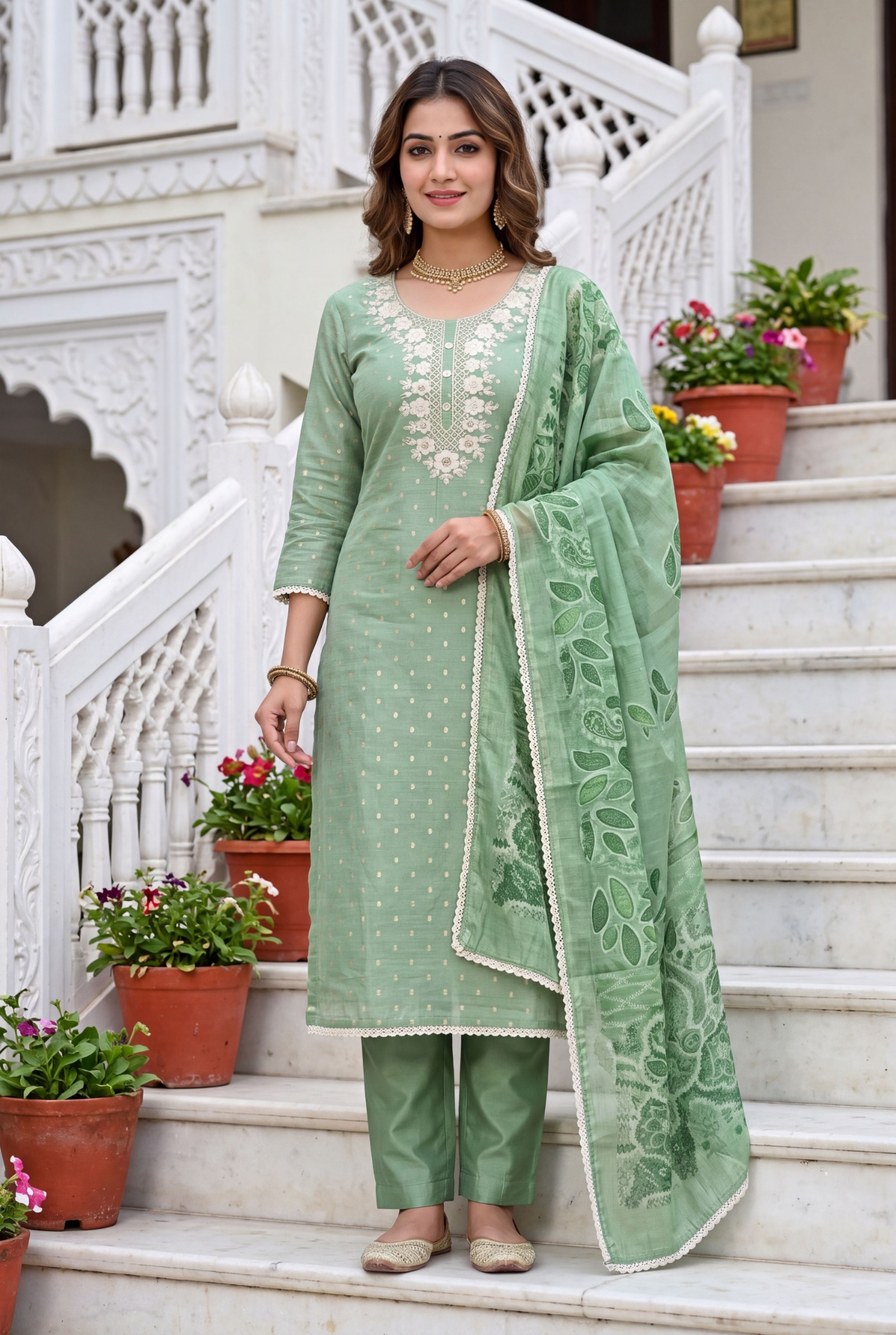 Green Floral Hand Work Modal Cotton Salwar Suit