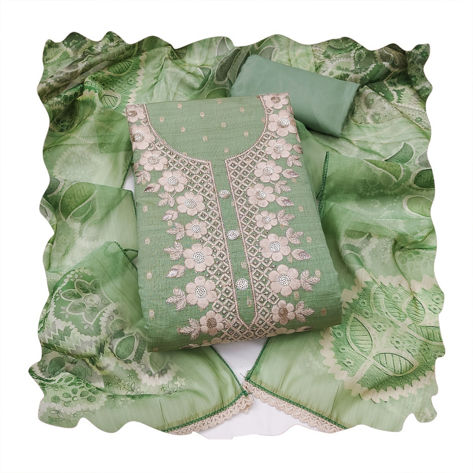 Green Floral Hand Work Modal Cotton Salwar Suit — alternate view